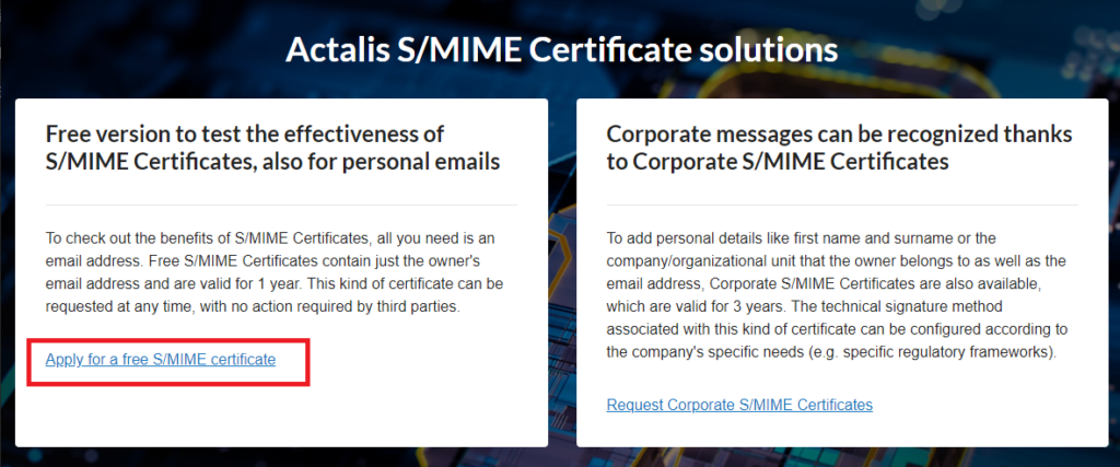 Apply for a free S/MIME certificate (Actalis)