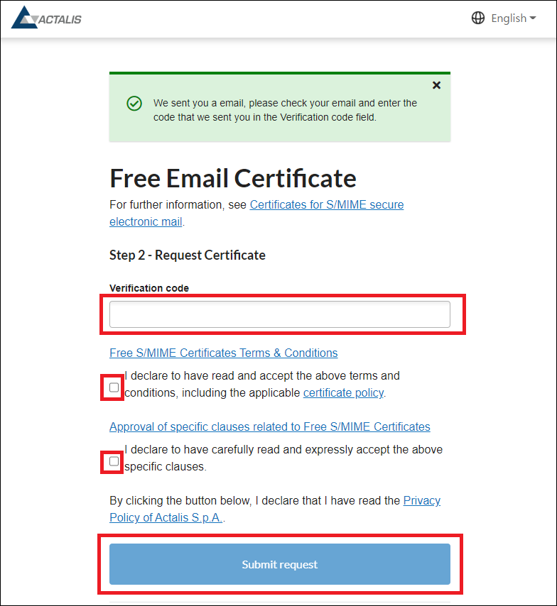 Apply for a free S/MIME certificate (Actalis)